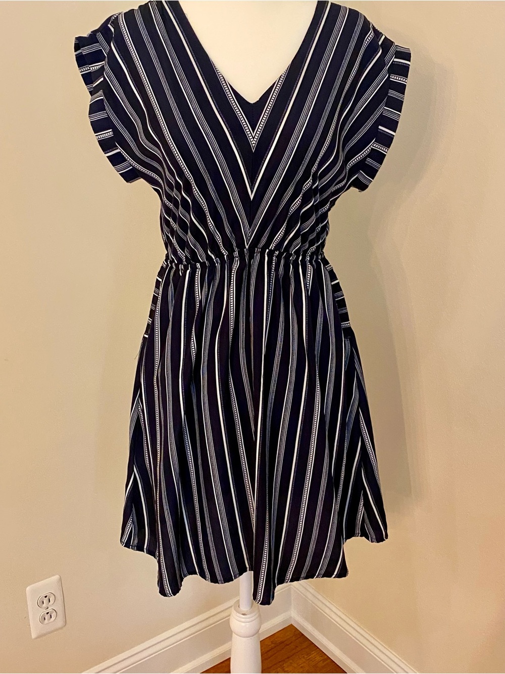 Monteau Navy and White Striped V-Neck Mini Dress